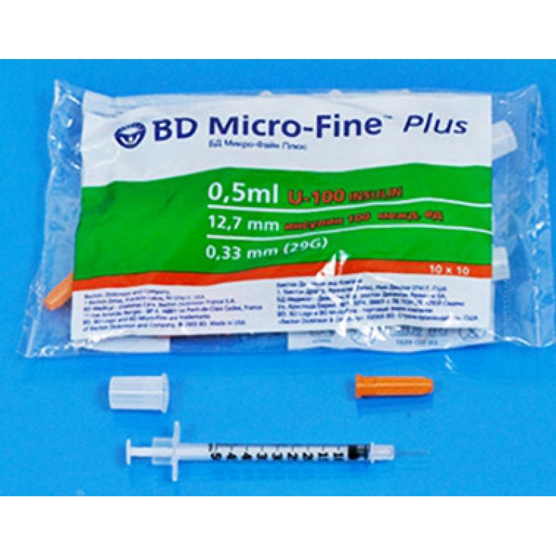 Шприц інсуліновий BD Micro-Fine Plus (Мікрофайн) U-100 0.5мл, голка 0.33х12.7мм (100 шт.)