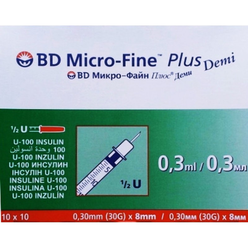 Шприц інсуліновий BD Micro-Fine Demi (Мікрофайн) U-100 0.3мл, голка 0.3х8мм (10 штук у стерильному пакеті)